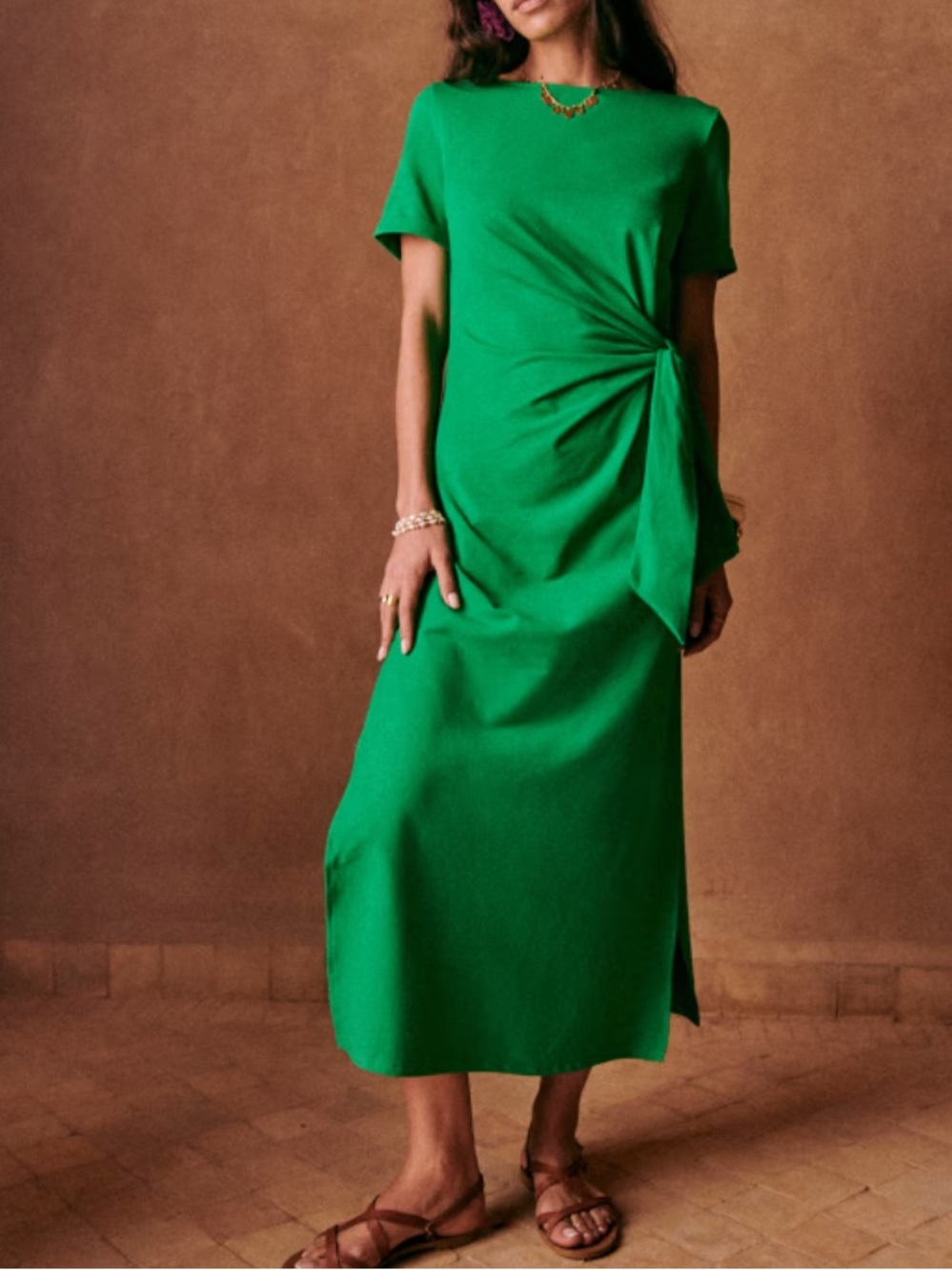 Sezane Green Pippa Tie Waist Faux Wrap Organic Cotton Short Sleeve MIDI Dress